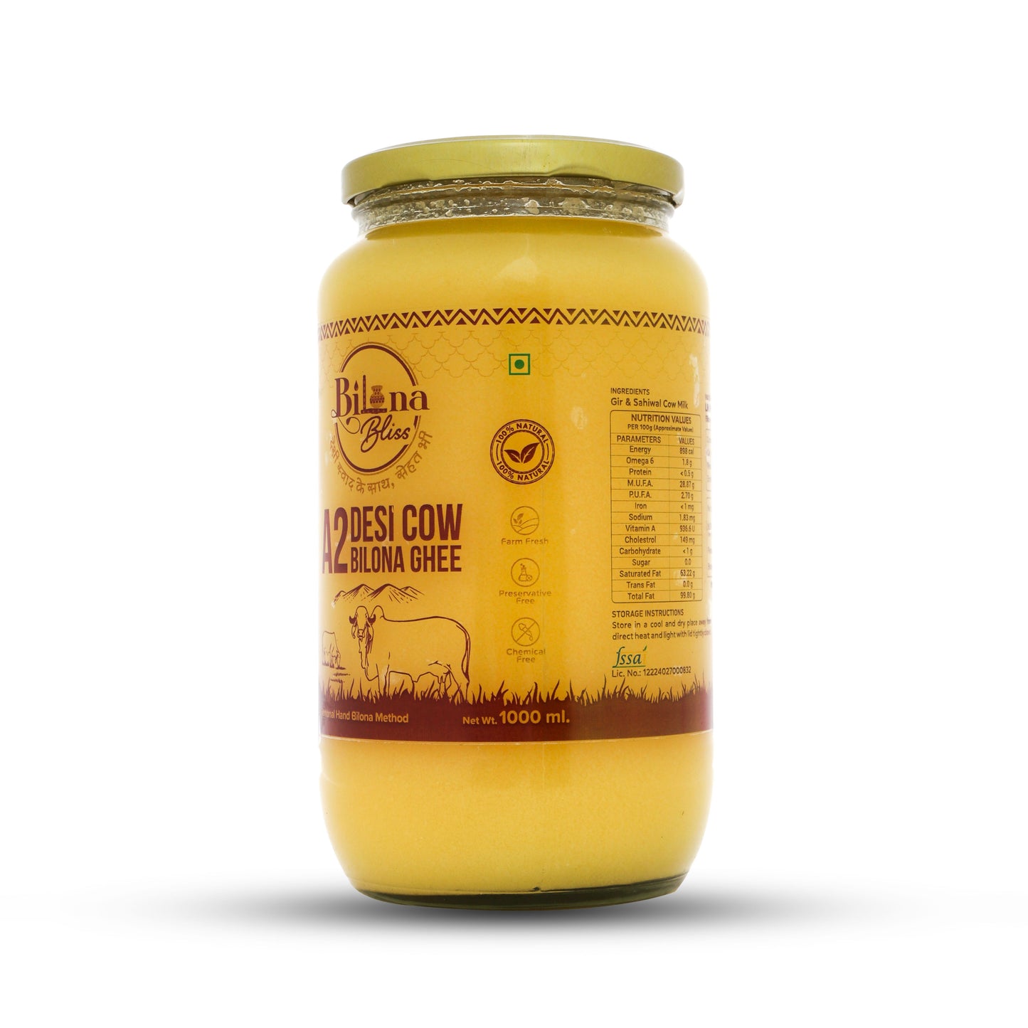 Buy A2 Desi Cow Ghee 1000ml | Bilona Method | Pure, Organic & Hand-Churned Ghee – Bilona Bliss
