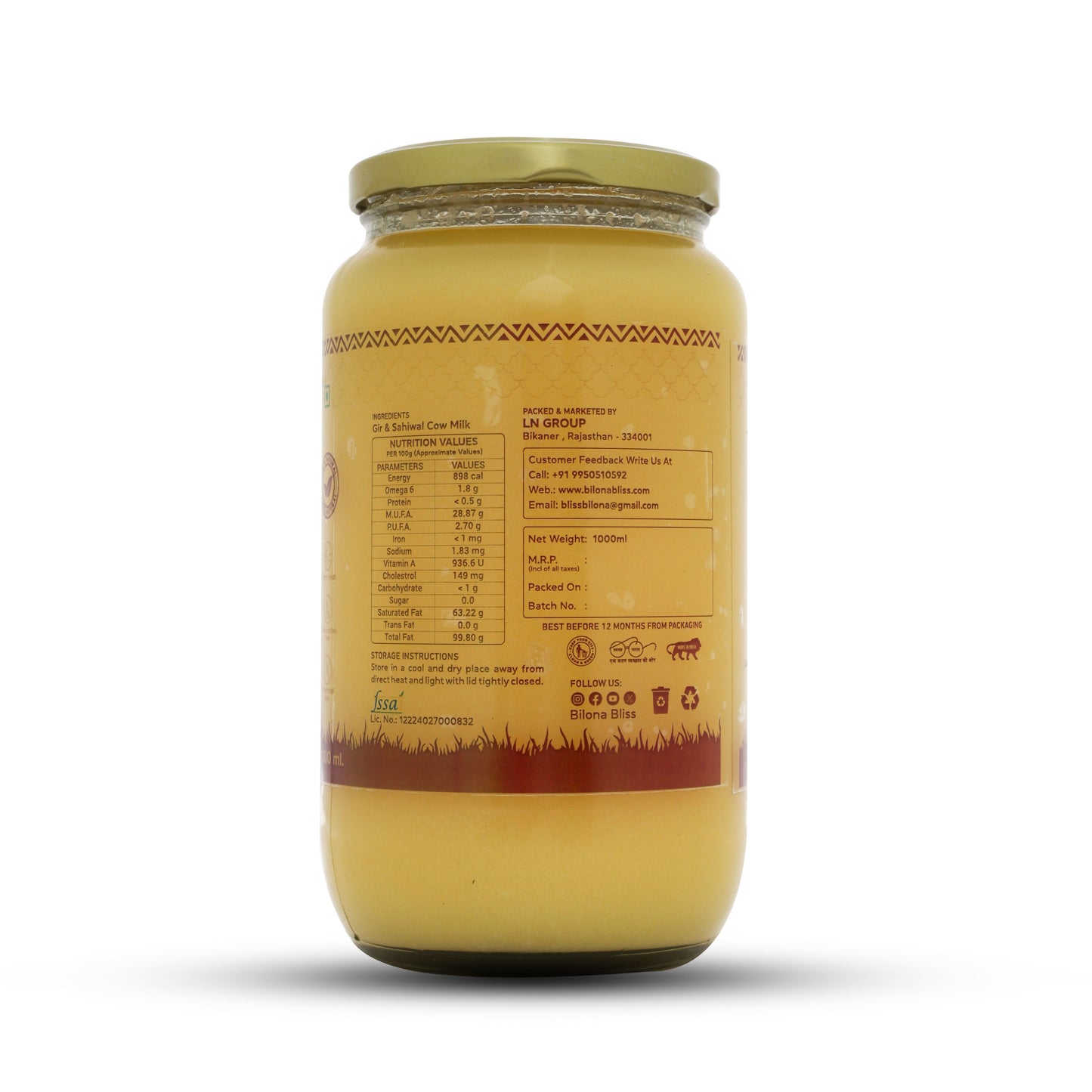 Buy A2 Desi Cow Ghee 1000ml | Bilona Method | Pure, Organic & Hand-Churned Ghee – Bilona Bliss