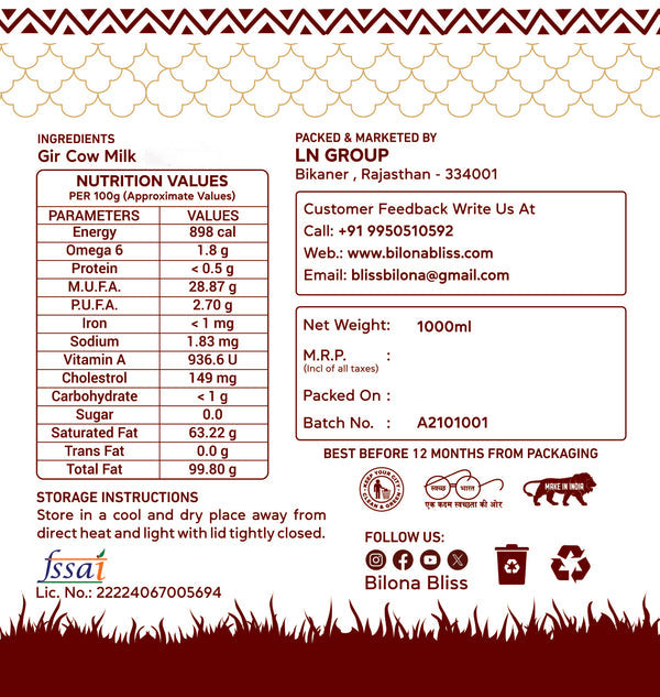 A2 GIR Cow Bilona Ghee(1 LTR )